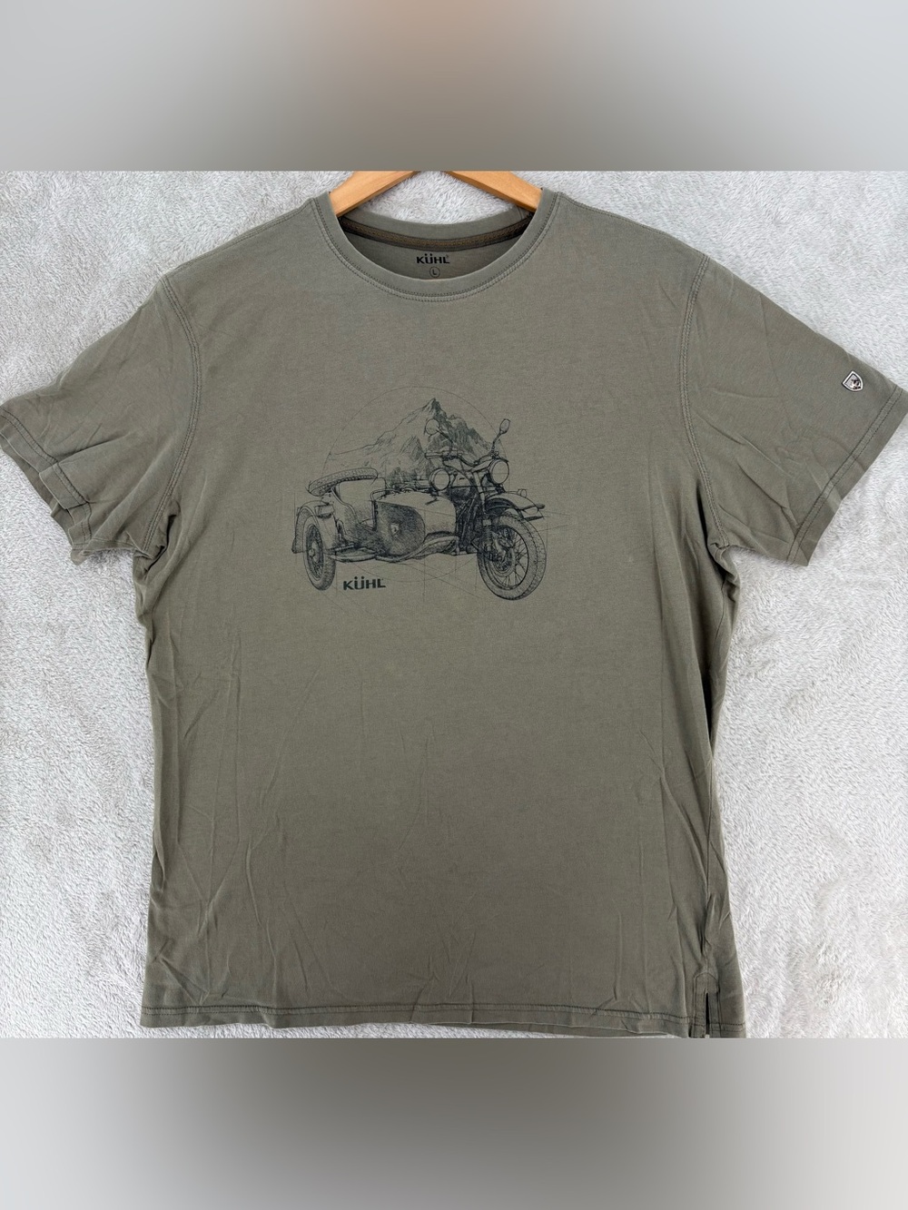 KÜHL Men's Large Organic Cotton Motorcycle Graphic T-Shirt Olive Green Outdoor T
